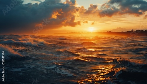  a large body of water with waves in the foreground and a setting sun in the distance with clouds in the sky.