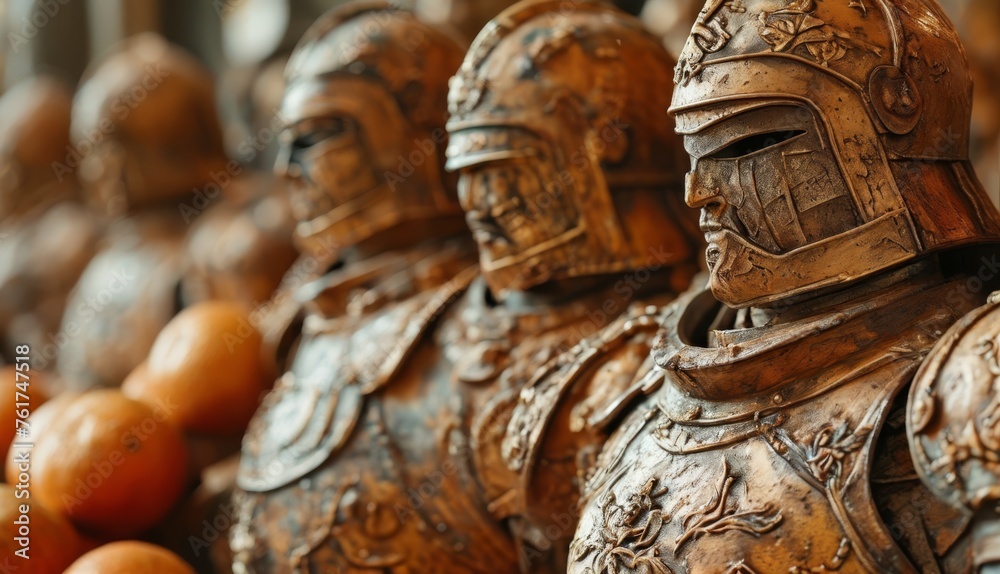  a close up of a figurine of a man in armor surrounded by other figurines of oranges. - obrazy, fototapety, plakaty 