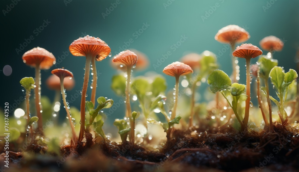  a group of small orange mushrooms growing out of a soil filled with green sprouts with water droplets on them. - obrazy, fototapety, plakaty 