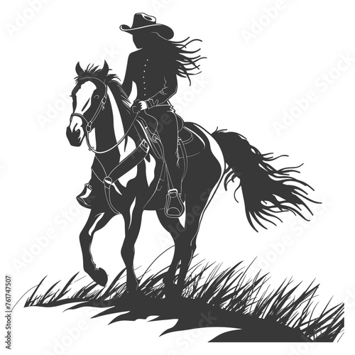 Silhouette cowgirl riding horses alone black color only