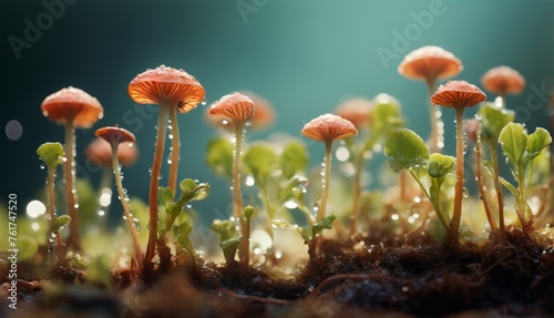  a group of small orange mushrooms growing out of a soil filled with green sprouts with water droplets on them.