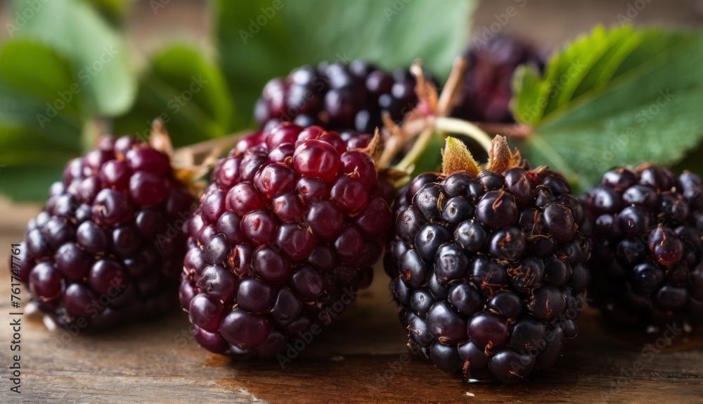 a bunch of blackberries sitting on top of a wooden table next to a leafy green leafy plant. a bunch of blackberries sitting on top of a wooden table next to a leafy green leafy plant.