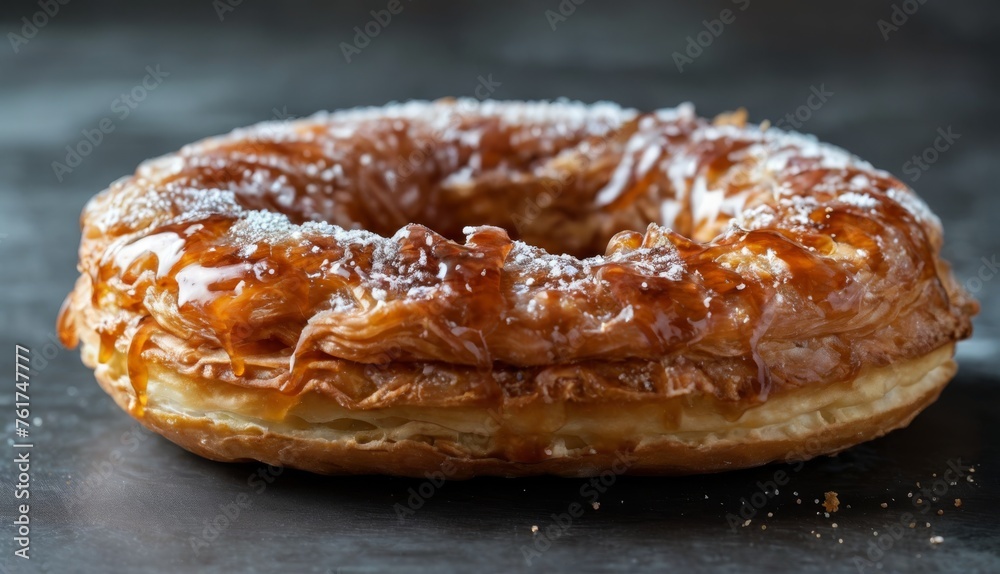 a close up of a doughnut with icing and powdered sugar on the top of the doughnut. a close up of a doughnut with icing and powdered sugar on the top of the doughnut.