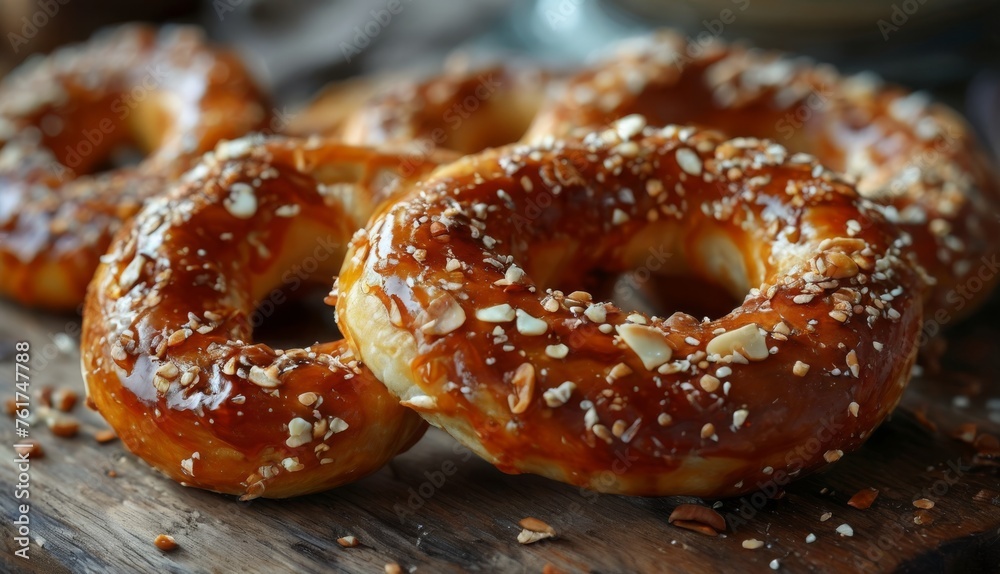  a close up of a bunch of doughnuts on a cutting board with sesame seeds on top of the doughnuts.