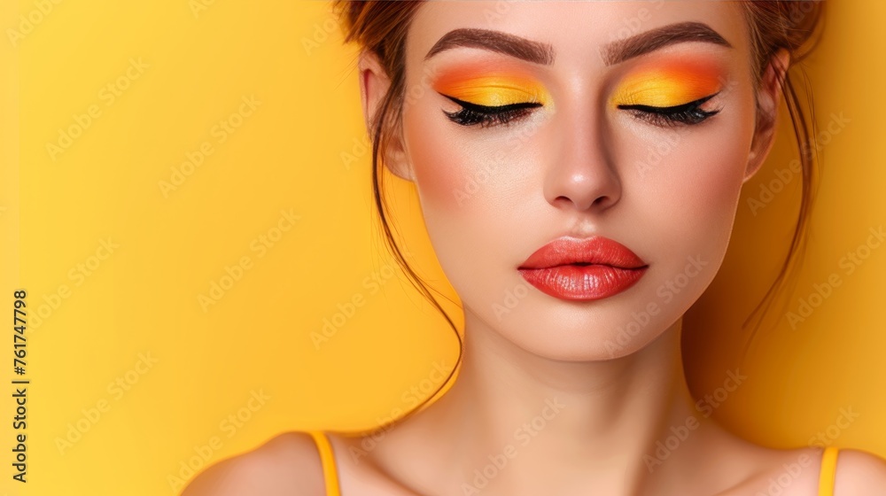 Chic model with flawless makeup and stylish expression on dark background, copy space available Chic model with flawless makeup and stylish expression on dark background, copy space available