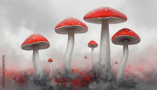 Fairy tale mushrooms painted by hand. Decorative background, wallpaper.