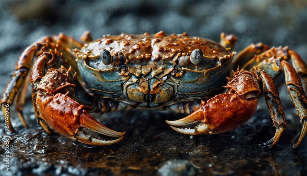a close up of a crab on a rock with water droplets on it's back legs and a black background. a close up of a crab on a rock with water droplets on it's back legs and a black background.