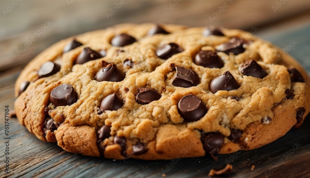  a close up of a chocolate chip cookie on top of a wooden table with a bite taken out of one of the cookies.