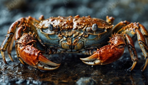  a close up of a crab on a rock with water droplets on it's back legs and a black background.