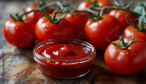  a group of tomatoes sitting on top of a table next to a jar of ketchup on top of a wooden table.