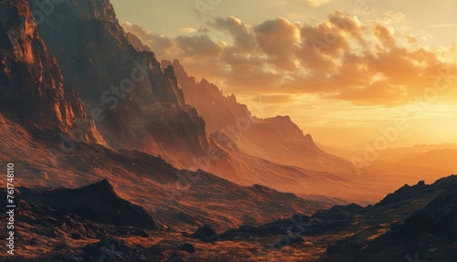 a sci - fi landscape with a mountain range in the foreground and the sun setting in the far distance. © Jevjenijs