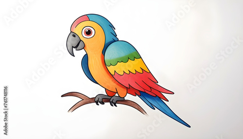 a naive and simple drawing of a parrot in the style of a child with crayons with simple lines colorful with a pure white background