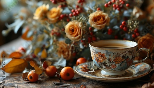  a cup of coffee sitting on top of a saucer next to a vase filled with oranges and flowers.