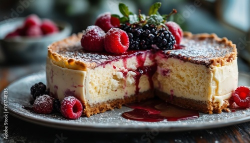  a close up of a cake on a plate with raspberries and a piece of cake in the background.