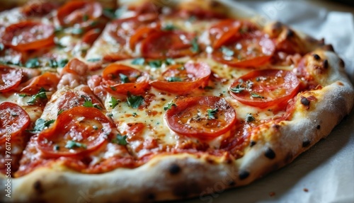  a pizza sitting on top of a pan covered in cheese and pepperoni sliced on top of a piece of wax paper.