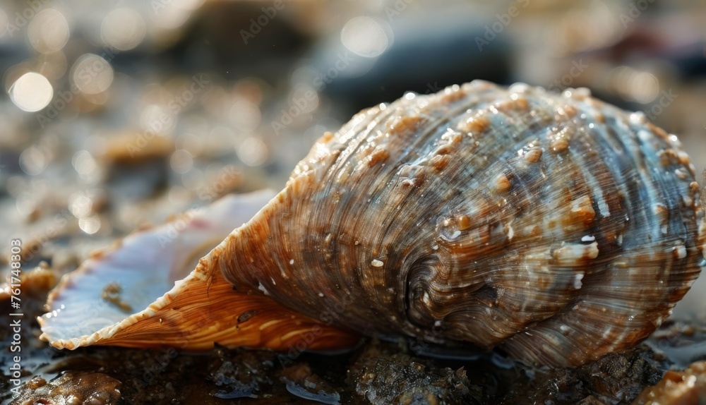 a close up of a seashell on a beach with drops of water on the sand and on the ground. a close up of a seashell on a beach with drops of water on the sand and on the ground.