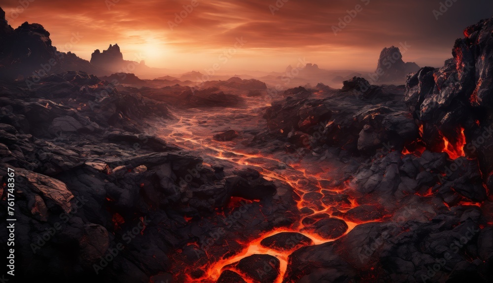  a lava landscape with a stream of water running through the center of the lava, with a sunset in the background.