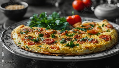  an omelet with tomatoes and parsley on a black and white plate with a side of parsley.