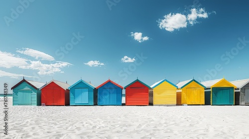A row of vibrant beach huts lining the sandy beach under the clear sky.