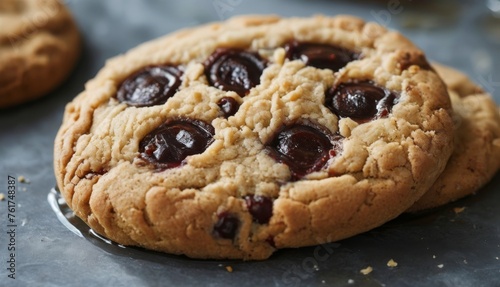  a close up of two chocolate chip cookies on a table with other cookies on the side of the table in the background.