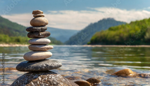 Pyramid of several flat river Zen stones. Meditative lifestyle. Natural landscape