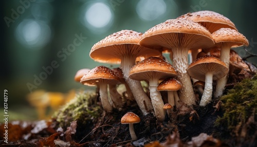  a group of mushrooms sitting on top of a lush green forest covered in leafy green and brown mossy ground.