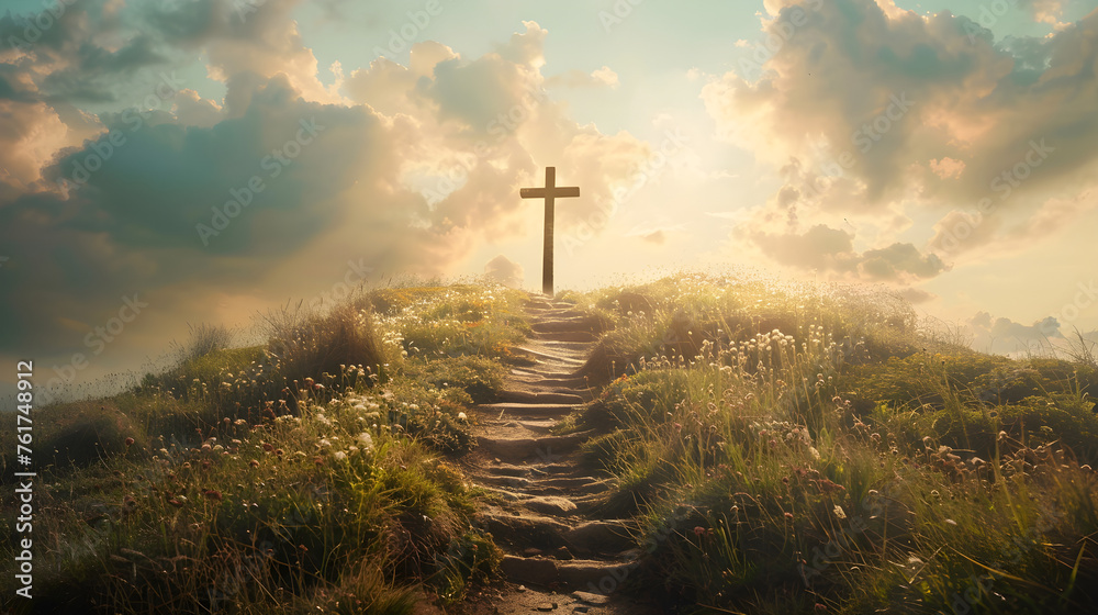 Path with stairs leading to Christian cross on hill, symbol of faith and hope, perfect for religious events and celebrations - obrazy, fototapety, plakaty 