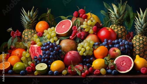  a pile of fruit sitting on top of a table next to a pile of oranges, grapes, and pineapples.