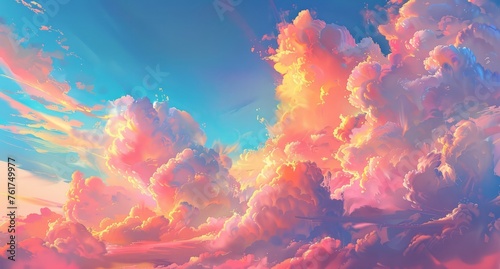 A painting depicting vibrant and colorful clouds filling the sky, creating a dynamic and striking visual display. © pham