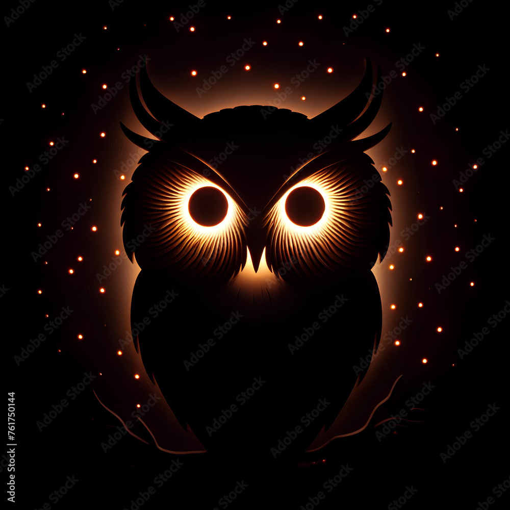 silhouette of owl with glowing eyes in the dark on black background