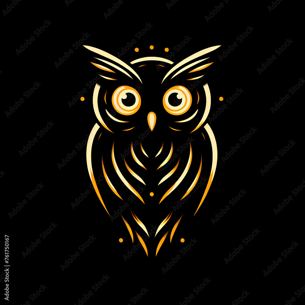 Fototapeta premium silhouette of owl with glowing eyes in the dark on black background