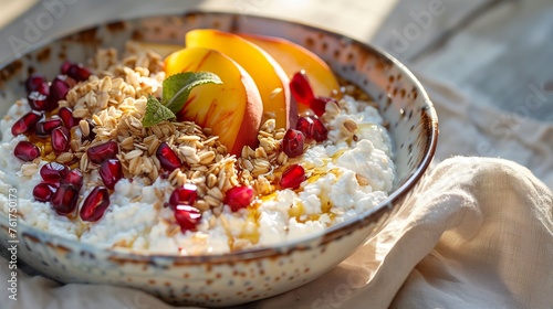 Bowl of cottage cheese and sliced peach topped with pomegranate seeds and sprinkled with granola. Dessert with cream cheese, peach, granola and drizzled with honey.