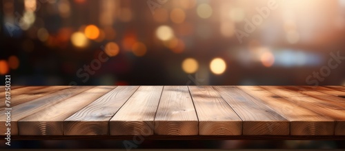 Empty wooden table for product display with blurred restaurant or coffee shop background