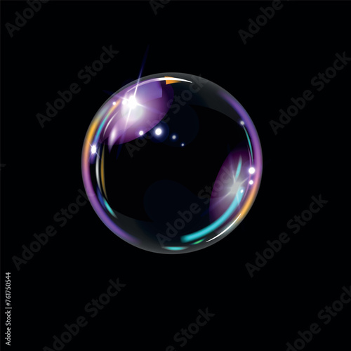 Transparent soap bubble on black background. 3d soap balloon. Foam, powder, soap, detergent. 
