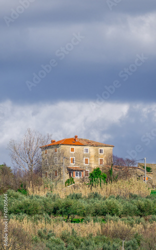 One lonely stone house placed on a green hill in Istria on cloudy day © Rodrigo