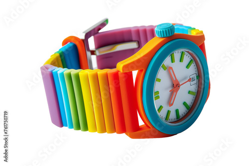 A multicolored watch with a white face showcasing a blend of vibrant hues and elegant design