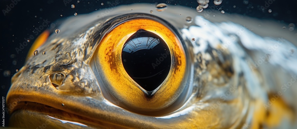 Macro photography of a fishs eye underwater, resembling automotive lighting against the asphalt background. Detailing the snout and metallic scales in an artistic closeup shot