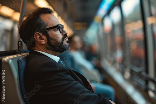 man in suit on train sitting alone on the platform 