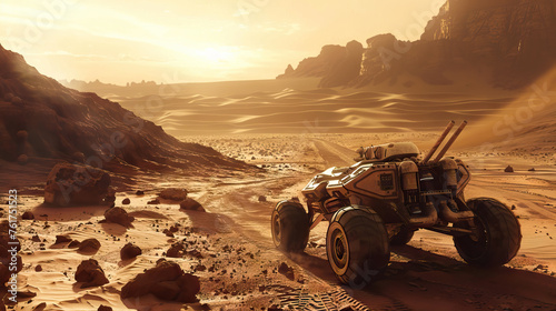 back view mars rover exploring futuristic land.