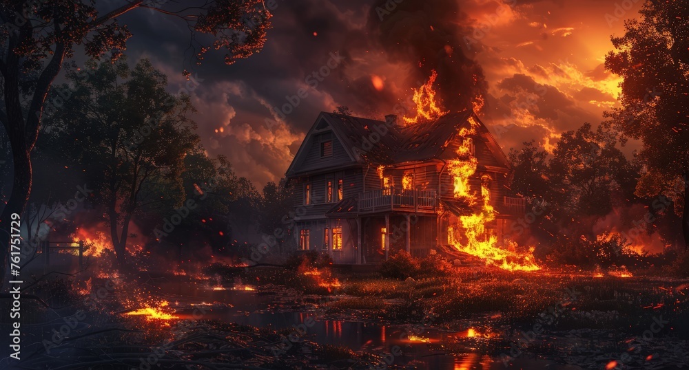 A house burns fiercely amidst a dense forest, sending plumes of smoke into the sky. A house burns fiercely amidst a dense forest, sending plumes of smoke into the sky.