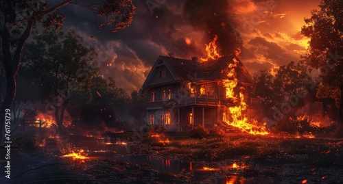 A house burns fiercely amidst a dense forest, sending plumes of smoke into the sky.