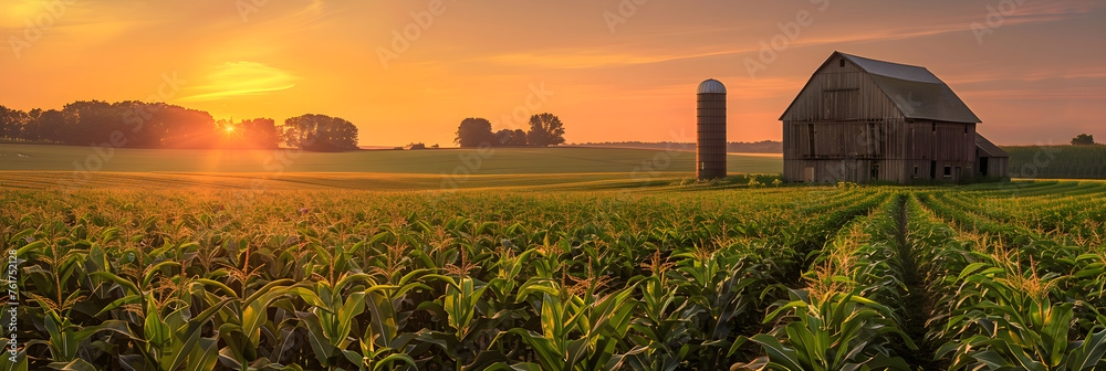 Sunset Over Rolling Cornfields: A Peek Into The Rustic Farm Life In Iowa - obrazy, fototapety, plakaty 