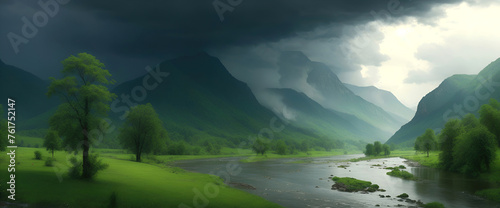 Spring or summer landscape with a river in a valley on the background of mountains before a thunderstorm