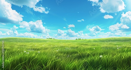 A grassy field stretches under a blue sky with fluffy white clouds  creating a serene and peaceful scene.