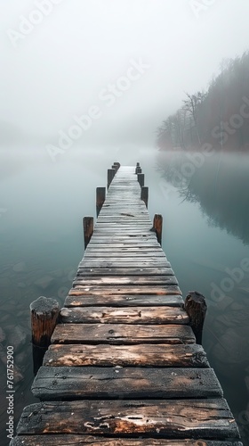 A weathered pier extends into a misty lake, capturing rustic grace and the authenticity of serene landscapes