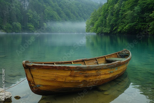 A serene lake hosts a weathered wooden boat  echoing nature s timeless charm and authenticity