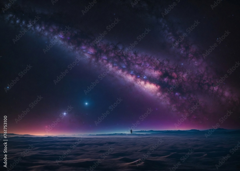 A person standing in the snow with the stars on the horizon, galaxy sky
