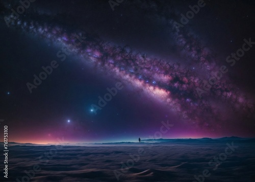 A person standing in the snow with the stars on the horizon  galaxy sky 