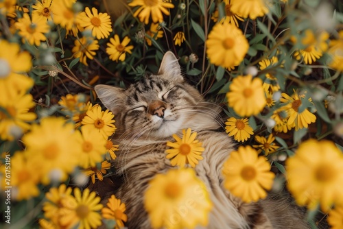 A cat peacefully rests among colorful flowers in a garden.