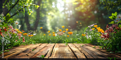 A beautiful spring background with a wooden table set in a lush green garden, adorned with colorful spring flowers and an empty space, illustration generative AI.